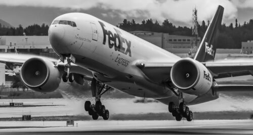 A FedEX Boeing 777F taking off from ANC