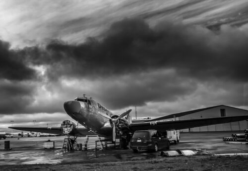 Stormy clouds over a cargo aircraft on the ramp