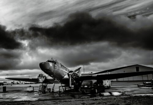 Stormy clouds over a cargo aircraft on the ramp